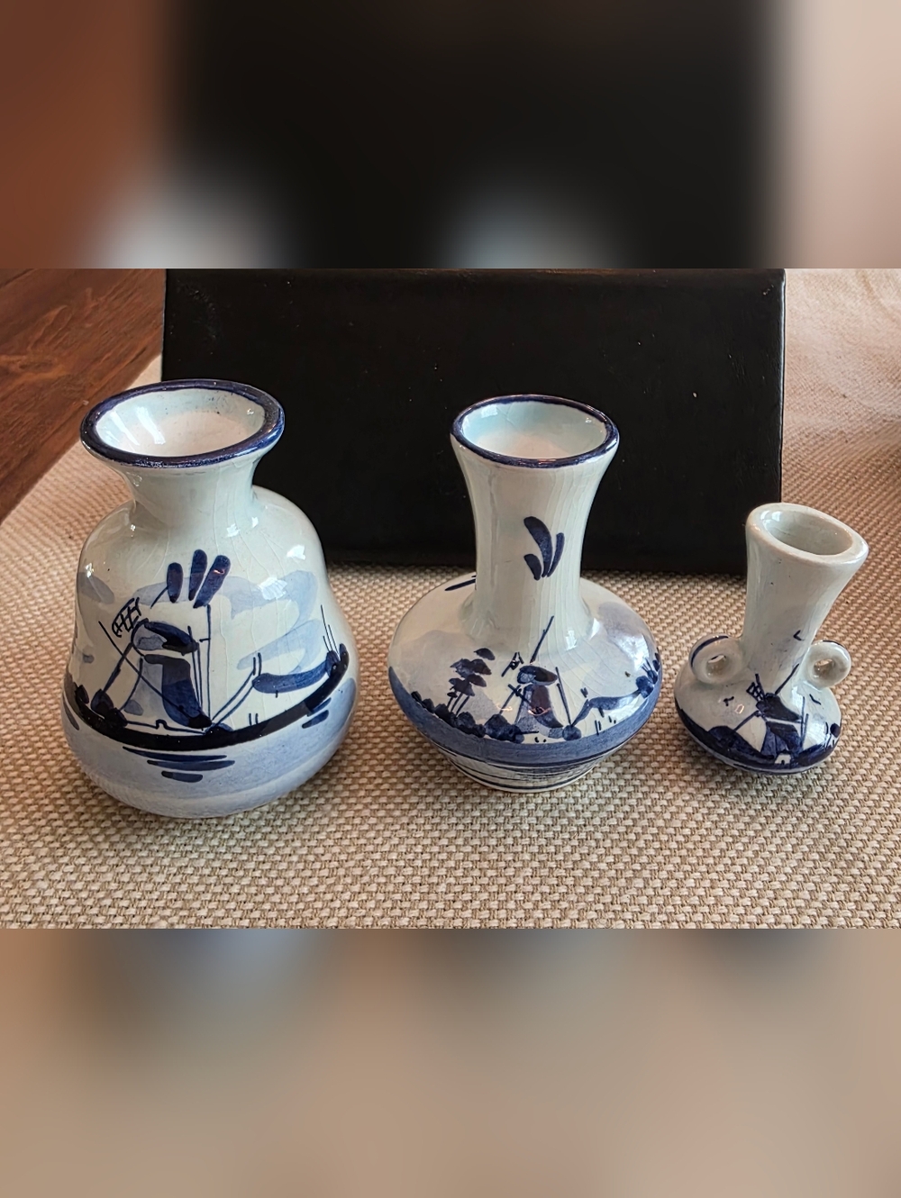 Set Of 3 Vintage Delft Holland Minature Bud Vases Blue And White Hand Painted